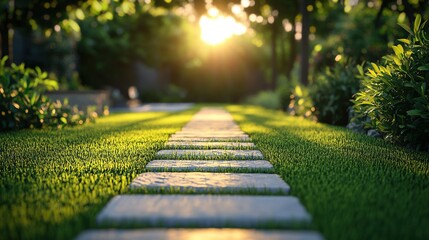 Fototapeta premium Artificial grass field in perspective view, showcasing a modern and clean aesthetic with a focus on synthetic turf, landscaping, and outdoor design. Ideal for themes of sustainability, low-maintenance