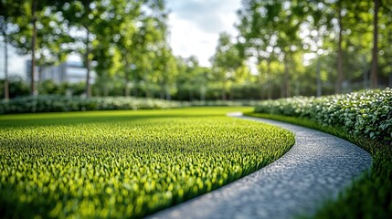 Artificial grass field in perspective view, showcasing a modern and clean aesthetic with a focus on synthetic turf, landscaping, and outdoor design. Ideal for themes of sustainability, low-maintenance