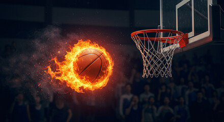 Banner for March Madness 2025. A fiery burning basketball flies directly into the hoop at a college stadium during a sports competition poster