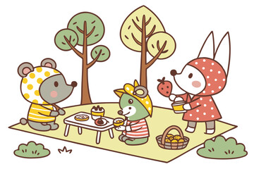18 Whimsical cartoon characters, anthropomorphic animals, colorful outfits, stylized trees, playful activities, children's book illustration style, naive art, hand-drawn aesthetic, diverse creatures, 