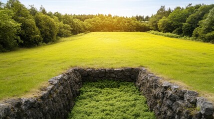 Obraz premium Serene Meadow with Stone Structure and Lush Green Grass Landscape