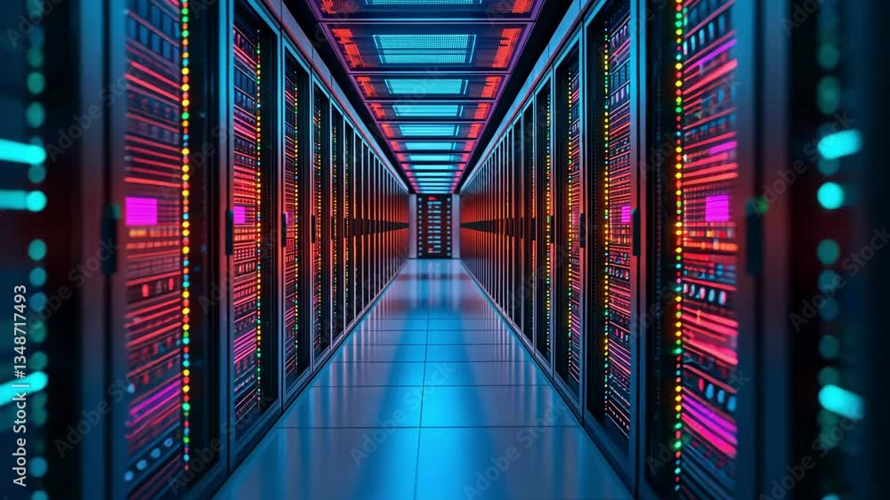 Poster vibrant data center corridor with modern design, featuring rows of servers and colorful led lights, 