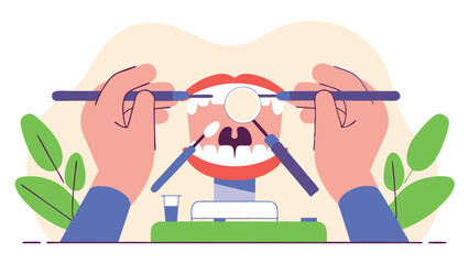 The photograph shows a close-up of the dentist's hands carefully holding medical instruments over the patient's mouth.