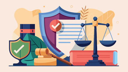 Symbols of legal defense: judge's gavel, scales of justice and a shield symbolizing insurance. The background is filled with legal documents emphasizing the formality and importance of legislation.