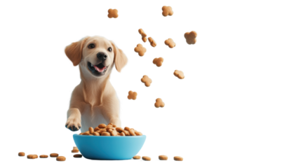 Mischievous Dog Tossing Food from Bowl Isolated on White Background