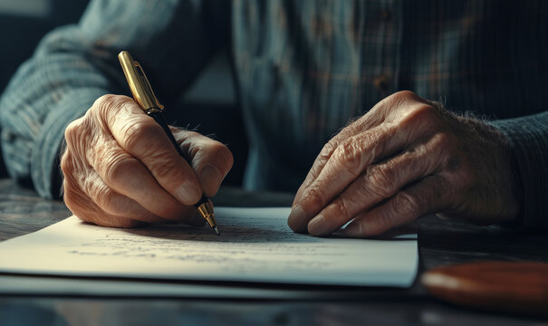 Old man hands signing a letter, contract or testament, generated ai
