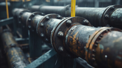 Grungy Metal Pipes with Yellow Support in Rainy Weather with Close Up View of Industrial Pipeline System and Weathered Texture