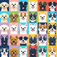 Naklejka premium Group of sitting dogs in different breeds.Running, standing, sniffing, jumping dogs. Isolated on a white background.