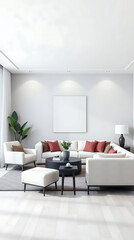 minimalist living room interior mockup, modern furniture and greenly decorative, white sofa and armchair, created by generative ai