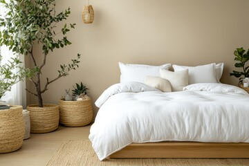 A cozy bedroom with light beige walls, a soft white duvet, and a wooden bed frame, complemented by simple decor
