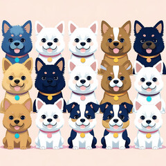 Fototapeta premium Group of sitting dogs in different breeds.Running, standing, sniffing, jumping dogs. Isolated on a white background.