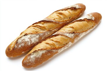 Two artisanal baguettes, golden-brown crust,  and airy interior