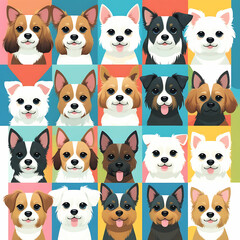 Group of sitting dogs in different breeds.Running, standing, sniffing, jumping dogs. Isolated on a white background.