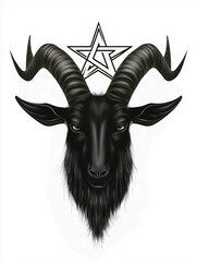 Satanic black goat head with pentagram on white for tattoo design