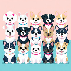 Group of sitting dogs in different breeds.Running, standing, sniffing, jumping dogs. Isolated on a white background.