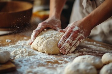 Fototapeta premium A person bakes fresh bread, carefully kneading dough. The kitchen fills with the comforting smell of baking --ar