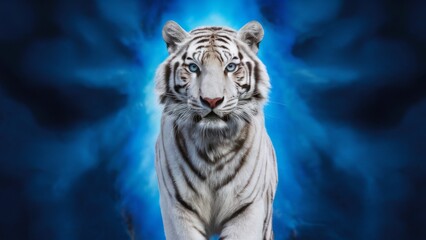 White Tiger, set against a striking pastel blue background. Playful elegance in a modern aesthetic.