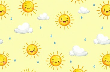 Seamless watercolor pattern with clouds, rain and sun on yellow background