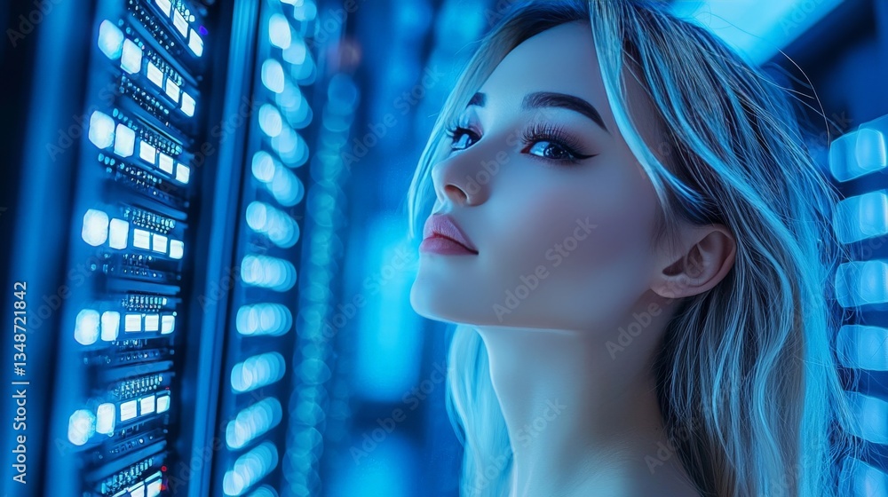 Poster focused woman with platinum blonde hair analyzing digital algorithms in a high tech data center fill