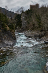 The Glera Bridge over the Ara River as it passes through Torla, in Ordesa and Monte Perdido...