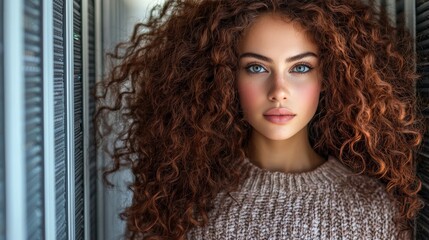 Young woman with curly voluminous hair in a modern server environment reflecting a futuristic approach to AI driven business intelligence and cybersecurity