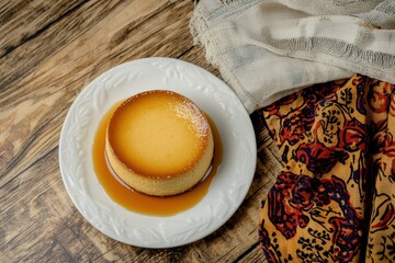 Flan (Latin America/Spain) A smooth and glossy flan on a white plate, with caramel sauce pooling
