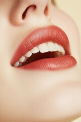 Obraz premium Perfect lips. Beauty of young woman. Smile. Natural plump full lips. Biting lip.