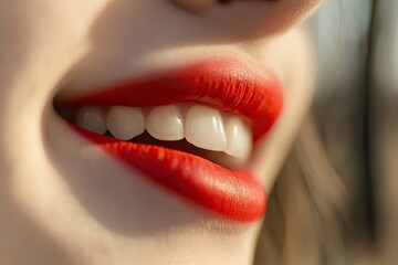 Perfect lips. Beauty of young woman. Smile. Natural plump full lips. Biting lip.