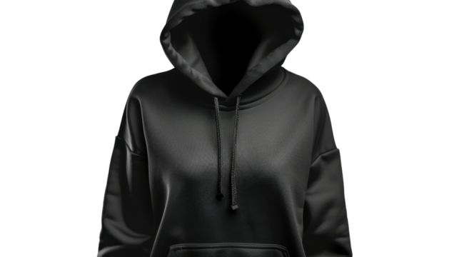 Black hoodie mockup featuring a mysterious figure with transparent background