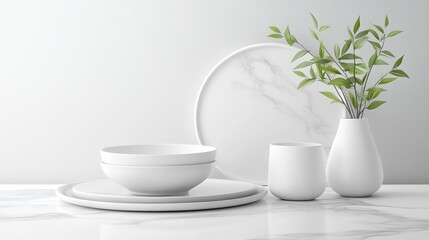 Minimalist white ceramic tableware with green plant in a vase on a marble surface. Modern home decor, elegant dining