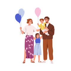 Happy family, parents and children with festive balloons. Mom, dad and kids standing together, smiling, hugging, celebrating holiday fun. Mother, father and child, toddler. Flat vector illustration