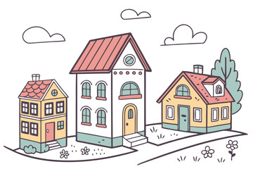 21 Colorful cartoon houses, simple architectural illustrations, diverse building styles, flat design, white background, cute neighborhood, miniature town, varied rooflines, playful color palette, whim