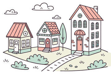 21 Colorful cartoon houses, simple architectural illustrations, diverse building styles, flat design, white background, cute neighborhood, miniature town, varied rooflines, playful color palette, whim