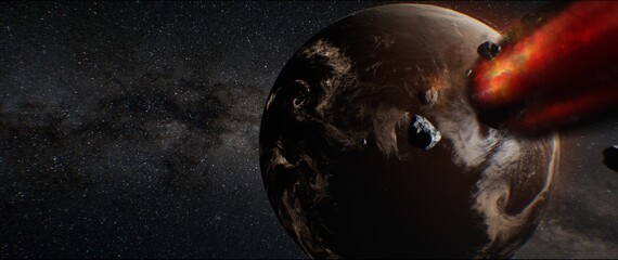A dramatic 3D render of Earths late heavy bombardment, with fiery asteroids and comets crashing into the surface. This chaotic scene from the early Archean period illustrates the origins of organic © Ulia Koltyrina