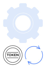 Blue gear, circular token with text TOKEN, and rotating arrows symbolize system automation, blockchain, tokenization, process, efficiency, and digital transformation. Ideal for technology