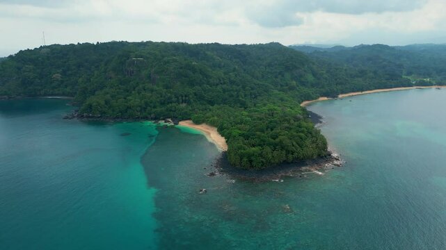Aerial circular view from Banana beach at left and Burra beach at right at Ilha do Principe (Prince Island) Africa