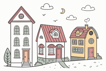 Naklejka premium 21 Colorful cartoon houses, simple architectural illustrations, diverse building styles, flat design, white background, cute neighborhood, miniature town, varied rooflines, playful color palette, whim