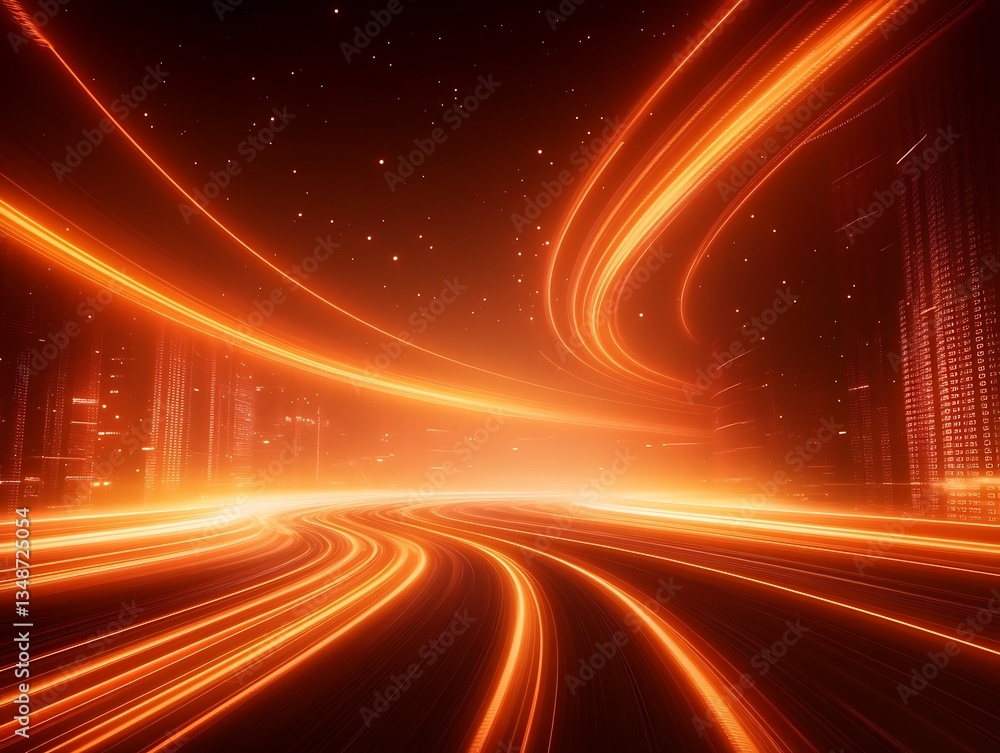 Poster abstract digital cityscape showing lines of data transfer at high speeds