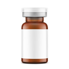 Clear brown glass ampoule mockup for cosmetology products. Vector illustration isolated on white background. Can be use for pharmacy cosmetic and other. Ready for your design. EPS10.