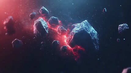 Floating asteroids and fiery nebula displayed against a dark expanse