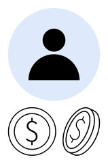 Human figure in circle alongside two coins with dollar signs emphasizing money, payment, salary, or economy. Ideal for finance, business, reward, e-commerce budgeting savings marketing. Flat