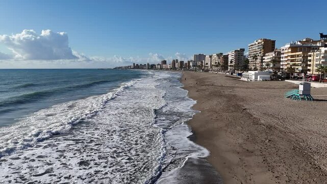 Mediterranean coast of Torreblanca in Castellon, Valencia. Aerial dolly in