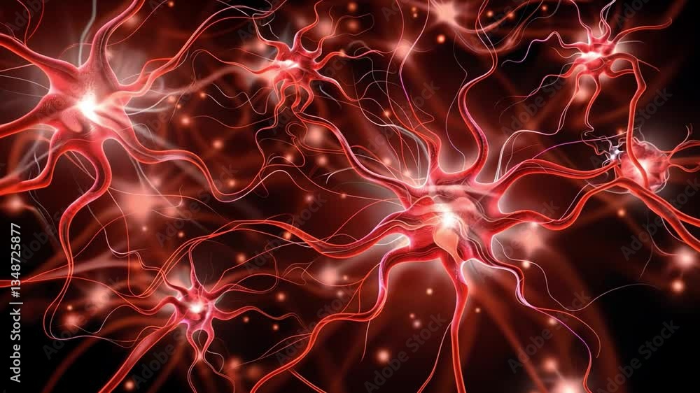Poster abstract illustration of neurons in red dynamic network showcasing complexity of nervous system in b