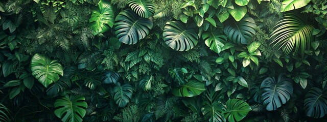Fototapeta premium Lush green tropical leaves create a vibrant, textured background. Perfect for nature-inspired designs.