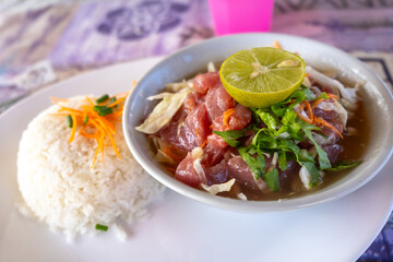 Polynesian raw fish dish served in Hiva Oa, French Polynesia