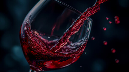 A captivating close-up of red wine splashing gracefully in a glass, highlighting its rich hues and fluid motion