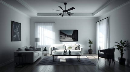 minimalist living room interior mockup, modern furniture and greenly decorative, white sofa and armchair, created by generative ai