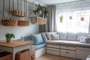 A cozy small apartment with a compact dining area, a low-profile sofa, and clever storage units like hanging baskets and