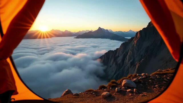 Majestic sunrise above sea of clouds viewed from tent on mountain cliff, epic outdoor adventure scene, generative AI
