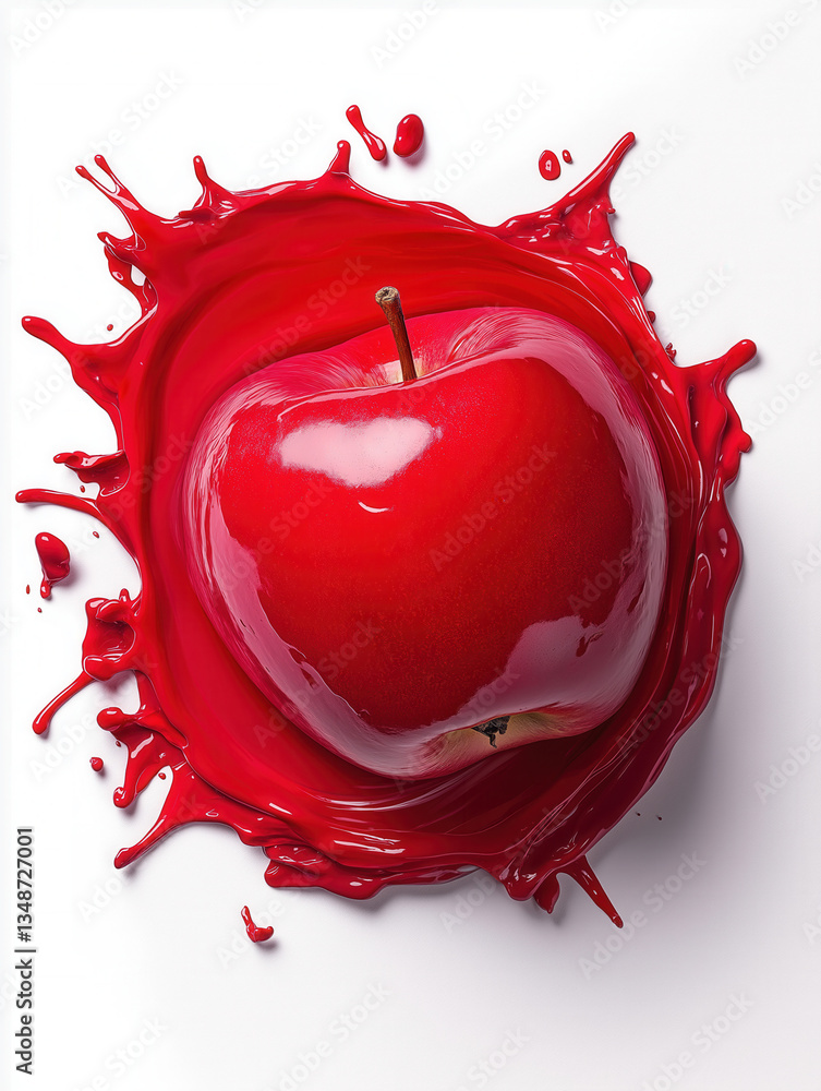Poster a vibrant red apple splashes in a pool of bright red liquid, showcasing vivid colors and dynamic mov